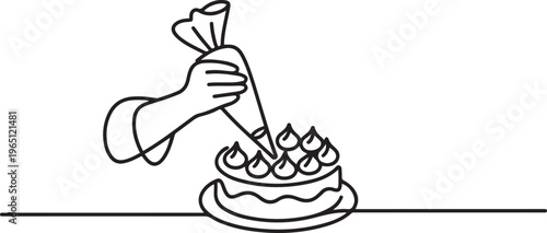 The pastry chef decorates the cake with cream using a pastry bag. one line art icon drawing vector