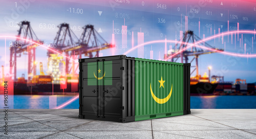 Canvastavla Mauritania's Trade Voyage: A shipping container, adorned with the flag, stands poised against a dynamic backdrop, symbolizing the nation's pivotal role in global commerce and economic vitality