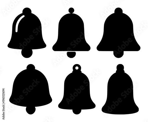 Notification bell set with solid black icon on white background featuring bell shape, alert symbol, notification indicator with line art and minimalist style