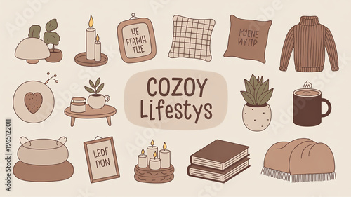 Cozy lifestyle elements collection including candles books pillows and sweaters perfect for home decor and seasonal design concepts