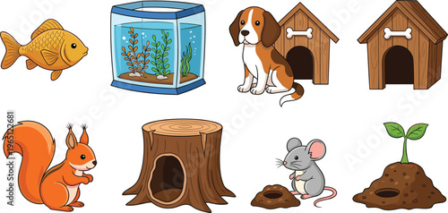 Set of Cute Animals and Their Homes Including Squirrel, Fish, Dog, and Mouse in Vector Style"