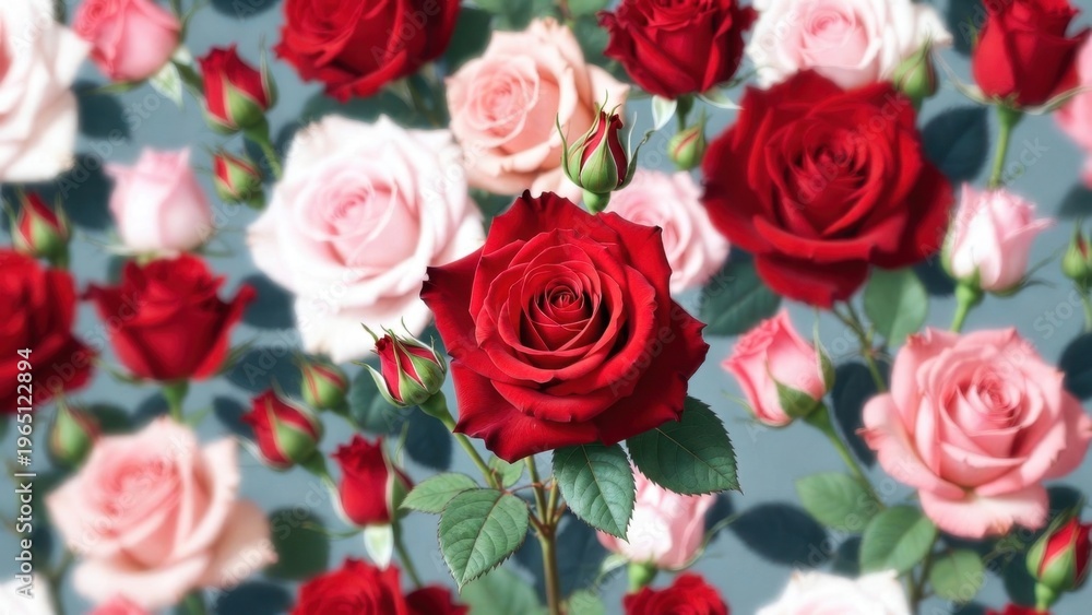 Obraz premium Red rose cluster among pink blooms on muted background