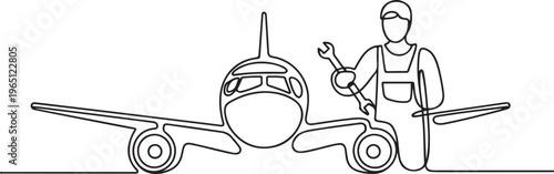 Aircraft mechanics perform maintenance and repairs on aircraft. They are responsible for the safety and serviceability of engines, electronics, hydraulics, one line art icon drawing vector