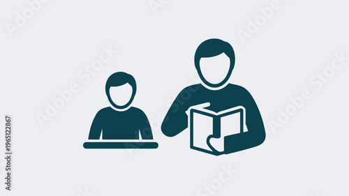 A simple graphic illustration of two people, one reading a book and the other working on a laptop.