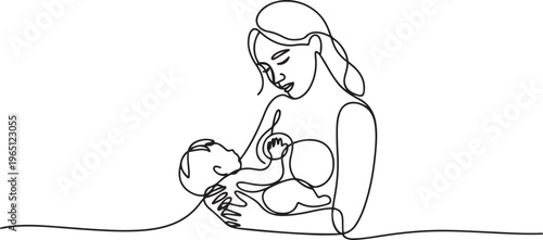 A young mother expresses her breast milk. Breast-feeding. World Breastfeeding Week. one line art icon drawing vector