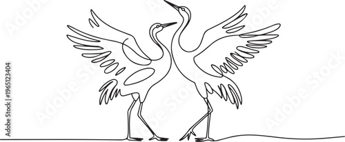 A pair of cranes flirt with each other. Beautiful birds. World Crane Day. one line art icon drawing vector