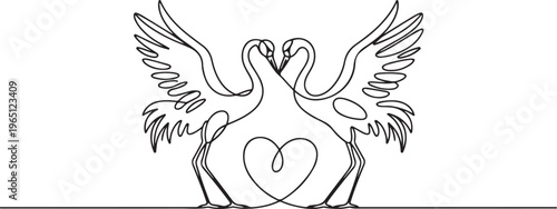 A pair of cranes flirt with each other. Beautiful birds. World Crane Day. one line art icon drawing vector