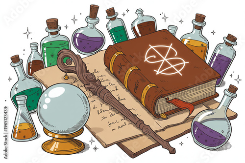 Magical potion bottles spellbook crystal ball and wizard staff arranged for fantasy concept illustration for games and storytelling