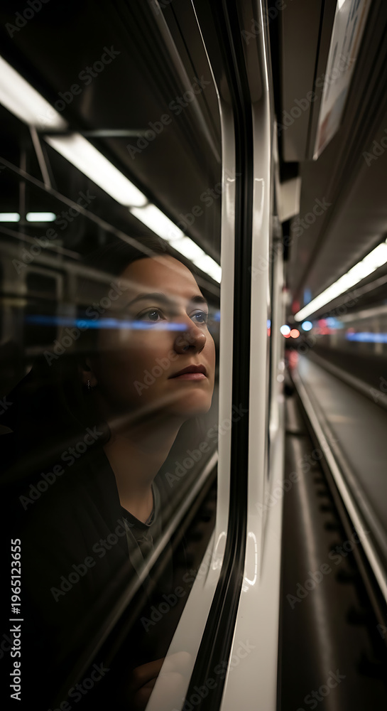 Obraz premium woman in the subway, Diverse Commuters in Busy Subway Car During Rush Hour, POV View of People on Daily Urban Transit Journey