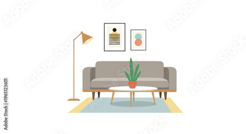 Modern Living Room Interior with Sofa, Coffee Table, Lamp, and Art