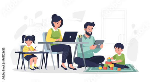 Family working and playing at home during remote work and childcare