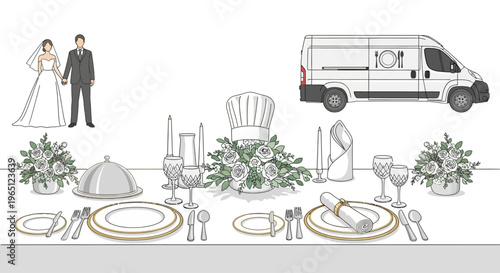 Wedding Catering Service: Couple, Van, and Elegant Table Setting