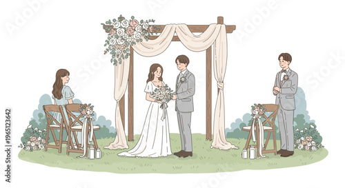 Wedding Ceremony with Couple and Officiant under Floral Arch