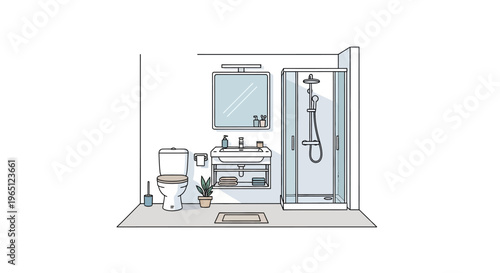 Modern Bathroom Interior Illustration with Toilet, Sink, and Shower