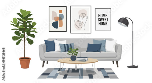 Modern living room interior with grey sofa, potted plant, abstract art, and floor lamp.