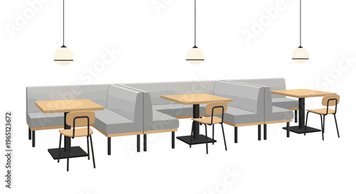 Modern cafe interior with booth seating, tables, and pendant lights, clean design