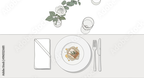 Elegant Table Setting with Gourmet Meal, Rose Flower Arrangement, and Drinks