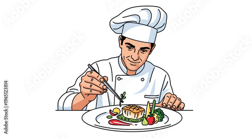 Chef garnishing gourmet food plate, professional culinary art, fine dining presentation