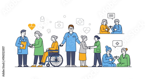 Diverse healthcare team caring for elderly and disabled patients, medical icons