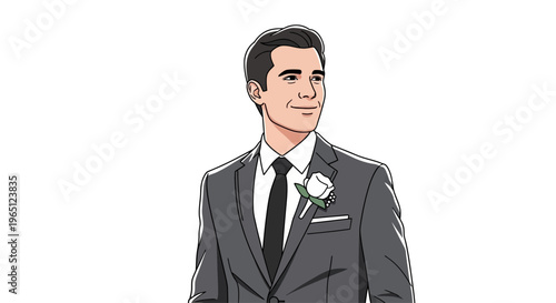 Groom in a Grey Suit with White Rose Boutonniere, Looking Confidently Aside