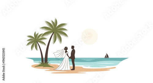 Tropical Beach Wedding Silhouette: Couple Holding Hands Under Palm Trees
