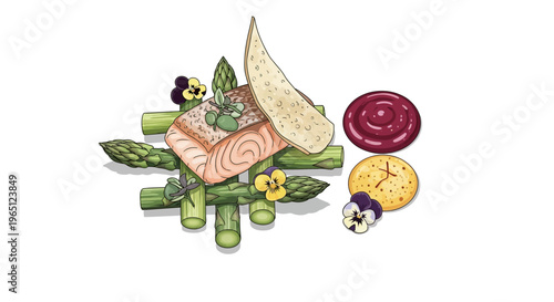 Gourmet Salmon Fillet with Asparagus, Potato, Beetroot, and Edible Flowers