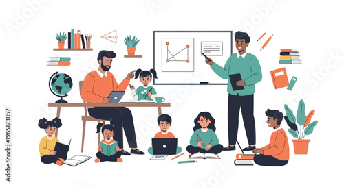 Diverse classroom learning, teacher instructing children with books, laptops, and globe