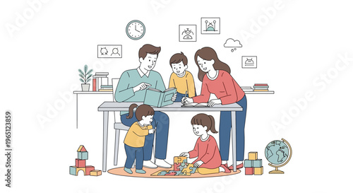 Happy Family Studying and Playing Together at Home