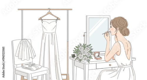 Bride applying makeup at vanity mirror, wedding dress hanging, bridal preparation