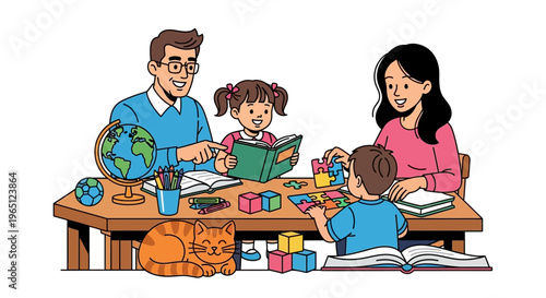 Family Studying Together: Parents Teaching Children, Books, Globe, Puzzles, Cat