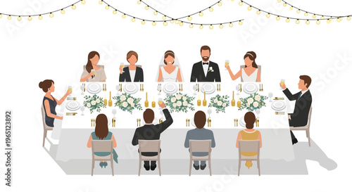 Wedding Celebration: Couple at Head Table with Guests, Festive String Lights