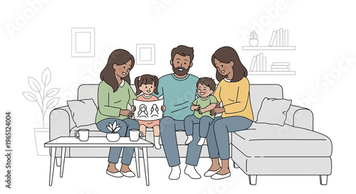 Diverse family enjoying quality time together, drawing and cuddling on the sofa.