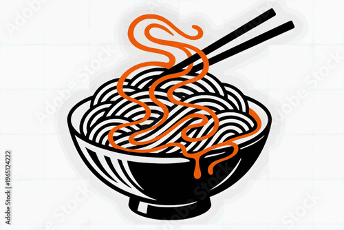 Flat vector illustration - a metal bowl with noodles drizzled with bright orange chili oil