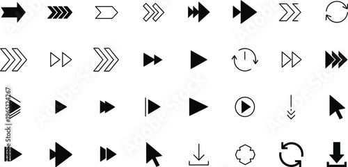 A comprehensive collection of black and white vector icons for user interface design, featuring various arrows, play buttons, and navigation symbols.