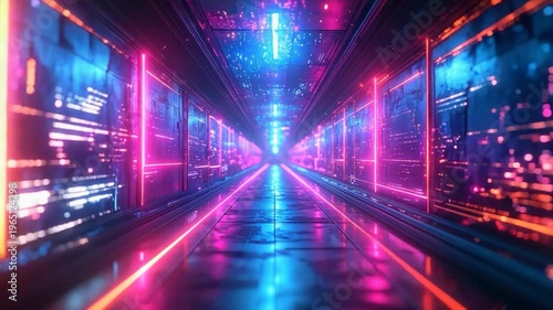 A futuristic, neon-lit corridor with data streams and vibrant light