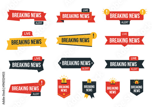 Collection of breaking news alerts and banners for television, web, and print media updates