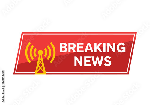 Breaking News Alert Symbol with Broadcast Tower Icon and Text on Red Background