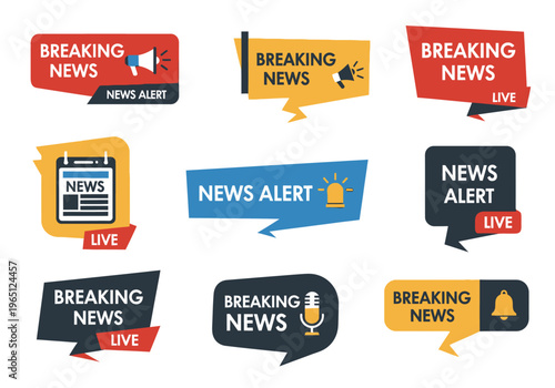 Collection of modern flat icons representing breaking news alerts and live broadcasts on social media platforms