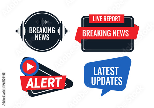 Collection of breaking news and alerts badges, live report labels, and latest updates stickers for media and broadcasting