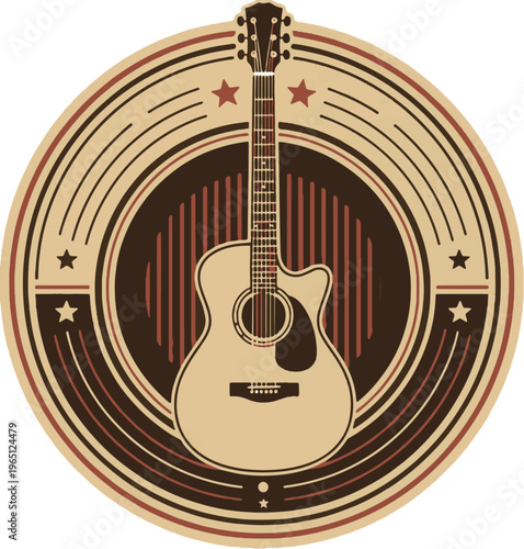 A classic vintage-style circular emblem featuring an acoustic guitar and stars, perfect for music branding and retro-themed posters.