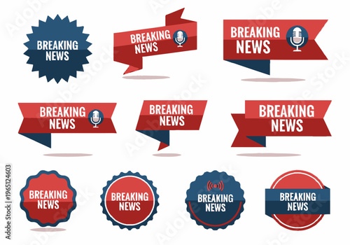 Collection of Breaking News labels and badges with microphone icon, designed for media and broadcasting use