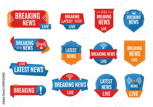 Collection of Breaking News Live Report Emblems and Banners for Journalism and Media Updates