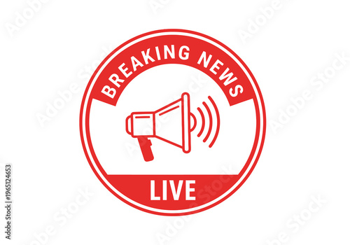 Breaking News Live Red Circular Icon with Megaphone Symbol Indicating Urgent Announcements