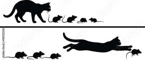 Black silhouette illustration of cat chasing mice, pursuit and hunting concept, predator-prey interaction, animal behavior design theme