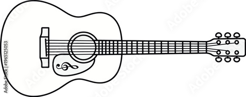 A minimalist black and white line art illustration of an acoustic guitar featuring a treble clef design, ideal for coloring pages and music-themed graphics.