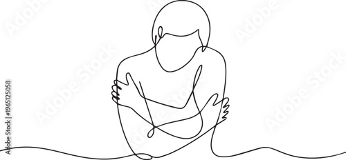 Minimalist Line Art Woman Hugging Herself – Self Love, Emotional Comfort and Mental Health Concept
