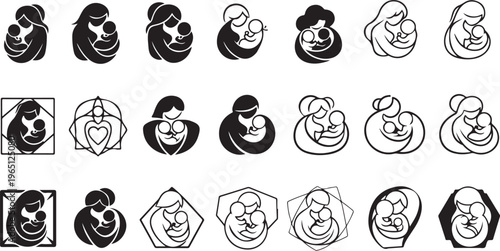 Set of mother and baby icons, depicting various embraces and poses. minimalist vector illustrations of motherhood and care.