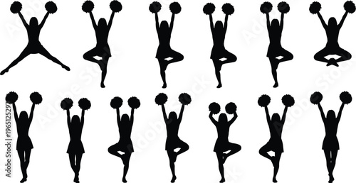 Black silhouette illustration of cheerleaders holding pom-poms in energetic poses, dynamic dance routine concept, sports spirit and performance design