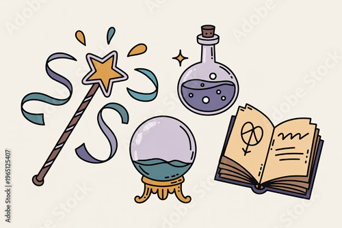Magical set with a wand crystal ball potion bottle and spellbook flat design illustration for fantasy and witchcraft concepts isolated on pastel background