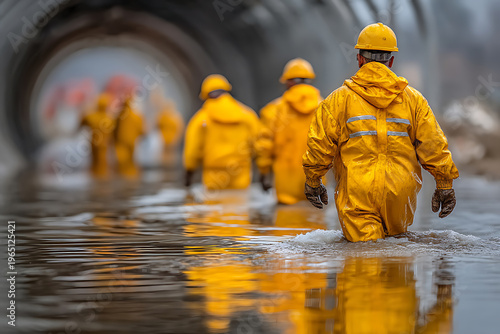 Maintenance workers walk through water in underground tunnel while conducting repair tasks on infrastructure during daytime work shift Generative AI